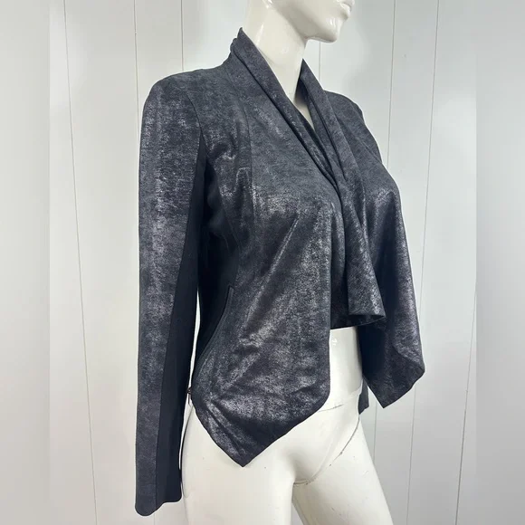Cache Sz S Black Coated Drape Open Front Cardigan Sweater Side & Sleeve Zip - Picture 3 of 13